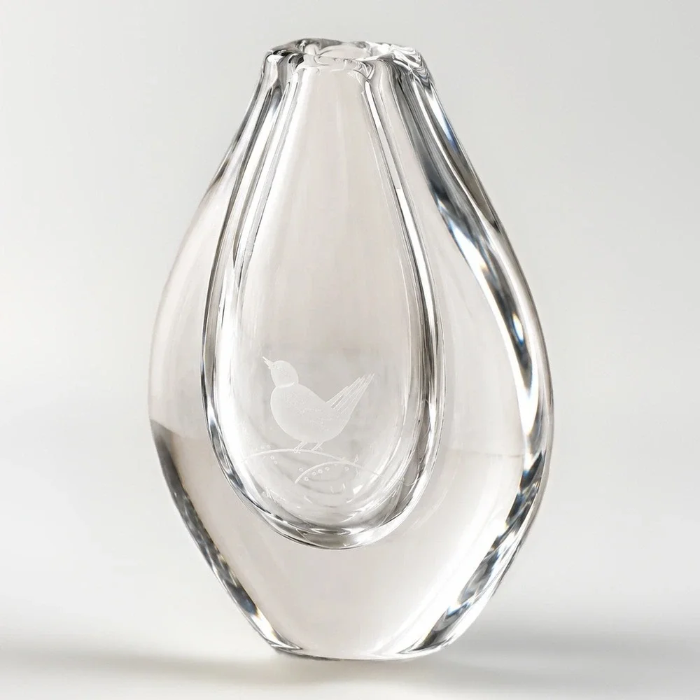 Vintage Orrefors Crystal Bud Vase Signed Scandinavian Art Glass Etched Bird